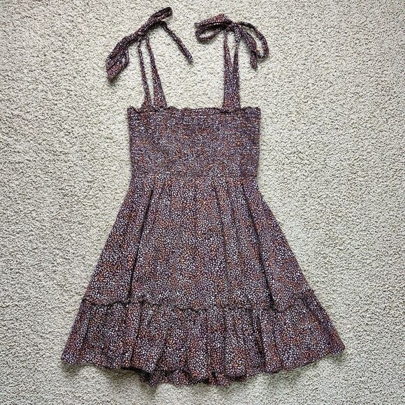 AERIE All Day Smocked Mini Dress Tie Strap Ruffle Lined Brown Orange size XSmall - Picture 2 of 11